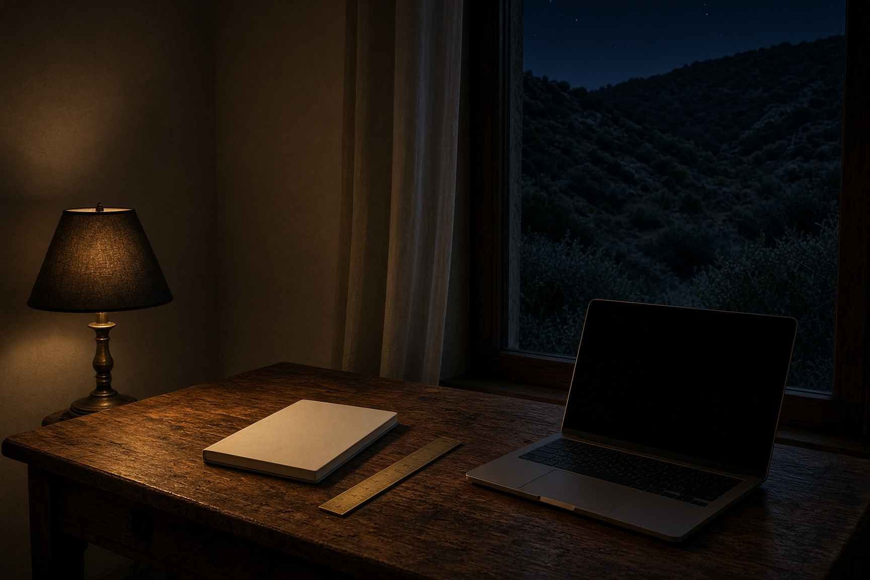 A wooden desk at night looking onto a Corsican hillside.