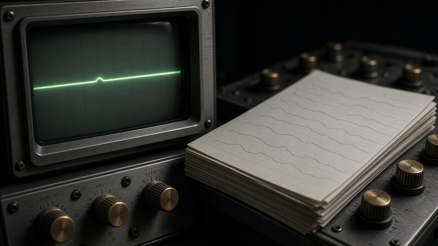 Analog laboratory instruments in a dark room.