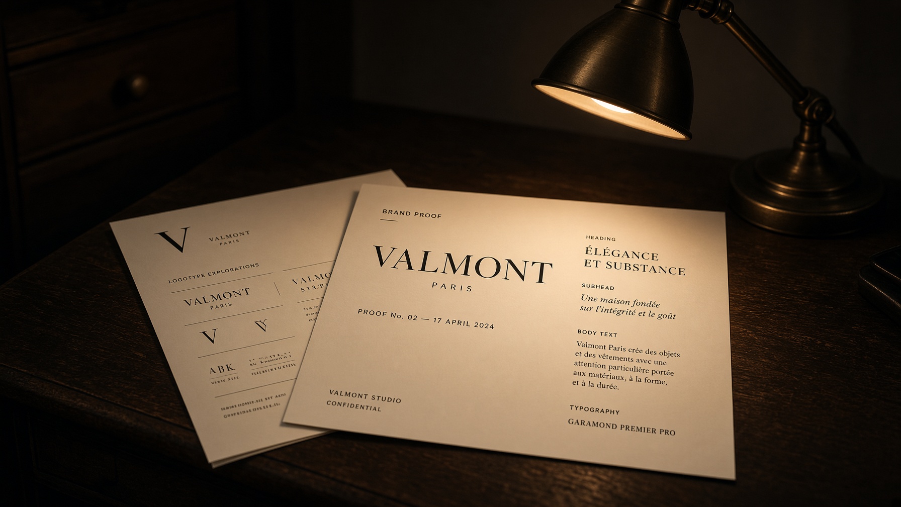 Printed proofs laid out under a tungsten lamp.